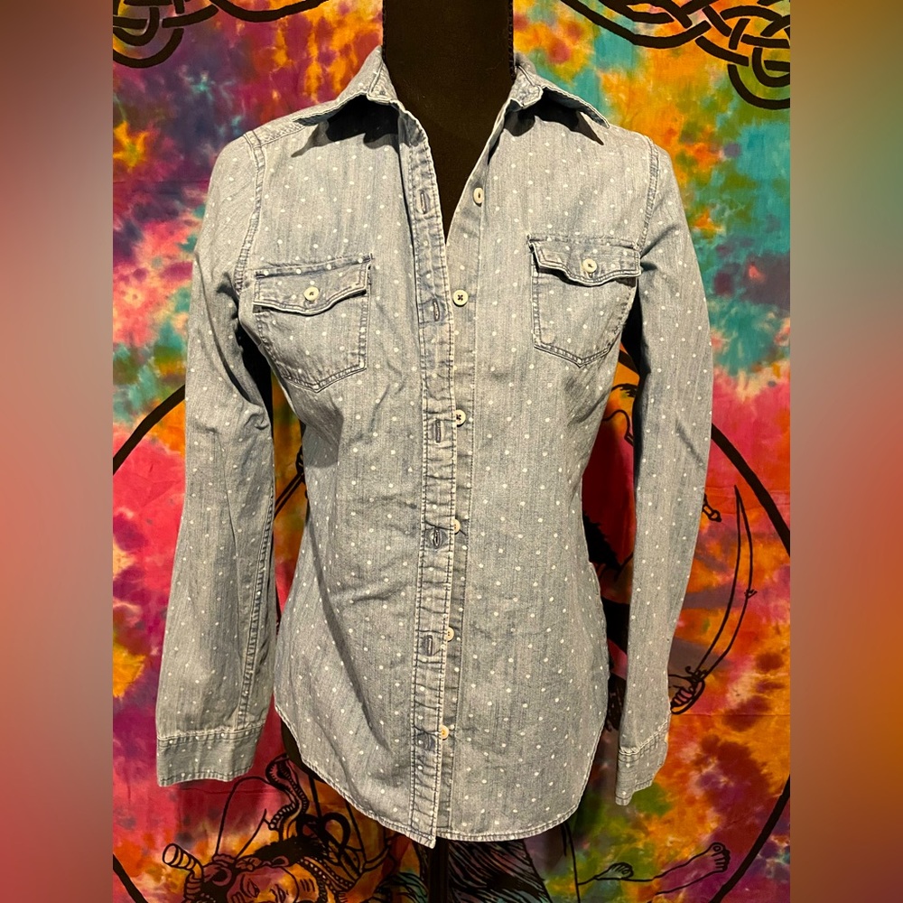 Blue white dots denim look button up shirt